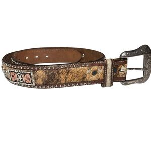 Ranger Belt Western Brown Leather Belt Silver Buckle Calf Hair Conchos Men's 35
